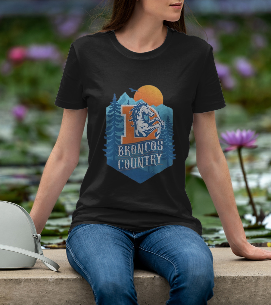Denver Broncos Country Logo Football Mountain Sunset T-Shirt
