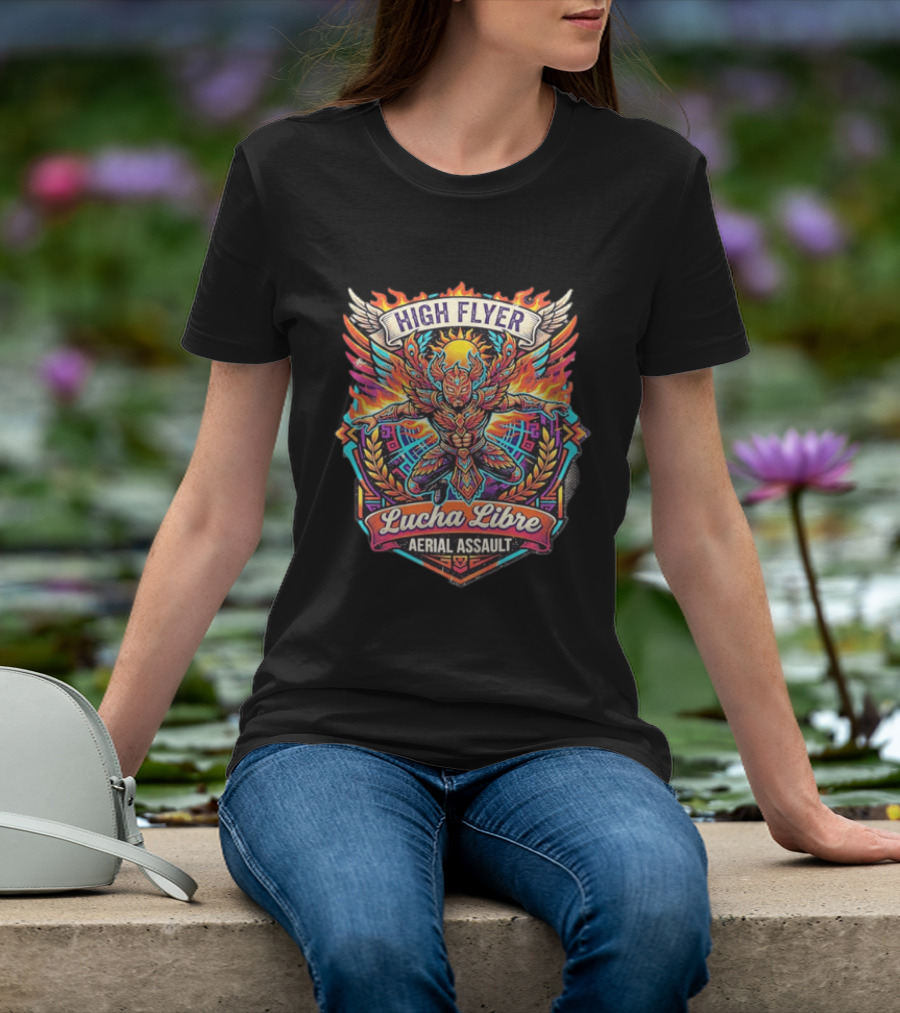 High Flyer Lucha Libre Aerial Assault Winged Masked Wrestler Sun Flames T-Shirt