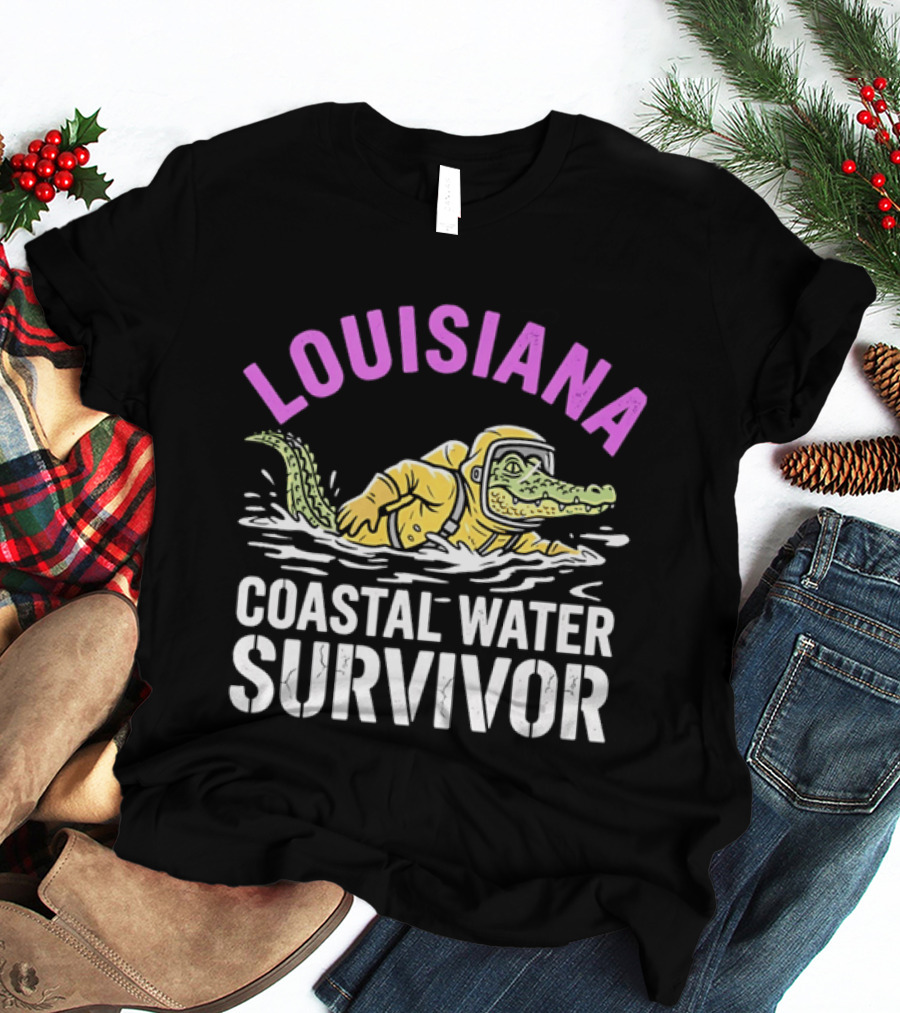 Louisiana Coastal Water Survivor Cartoon Alligator Yellow Hazmat Suit T-Shirt