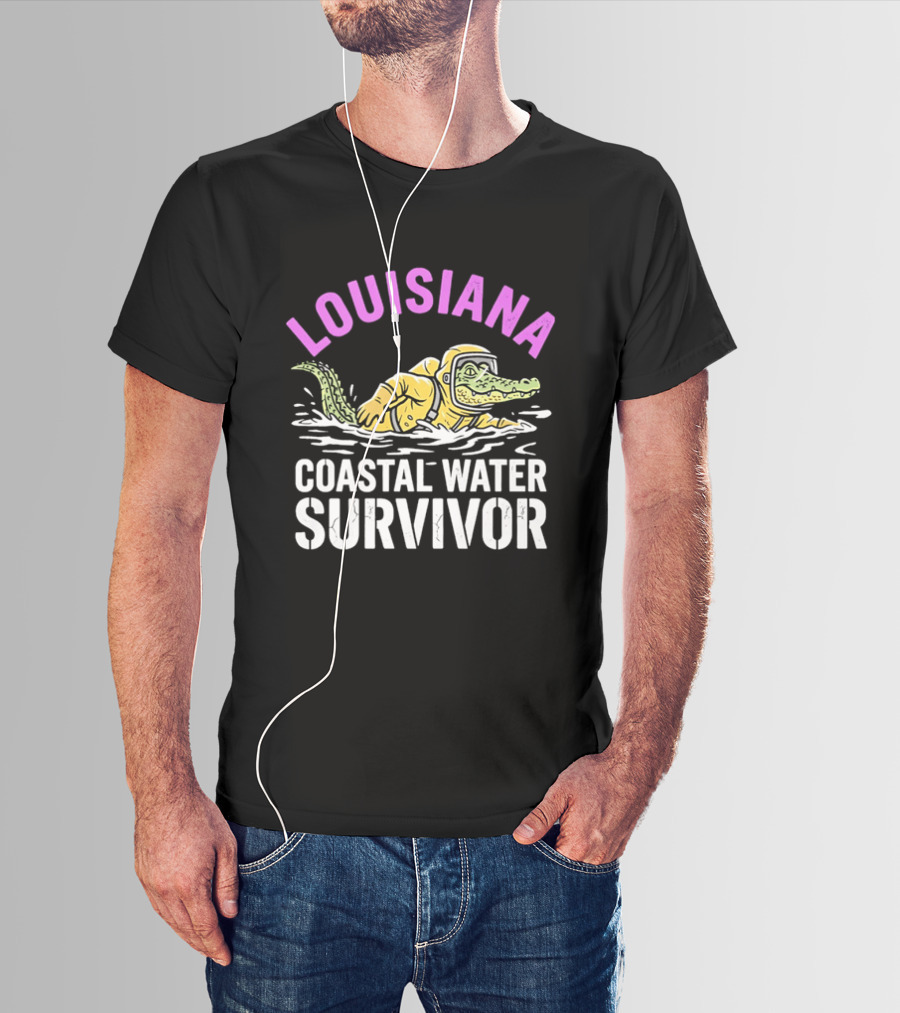 Louisiana Coastal Water Survivor Cartoon Alligator Yellow Hazmat Suit T-Shirt