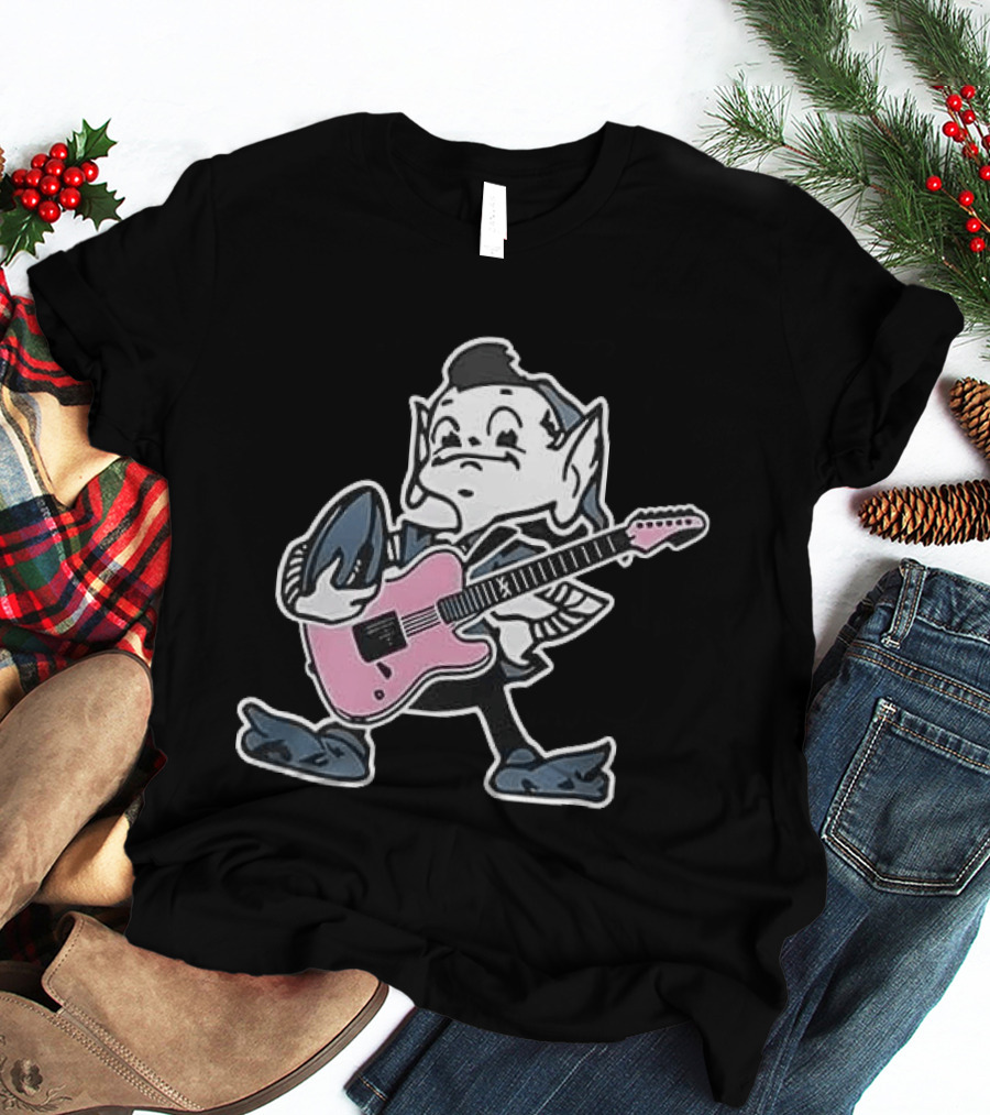 Cleveland Browns Elf Holding Football And Pink Electric Guitar T-Shirt