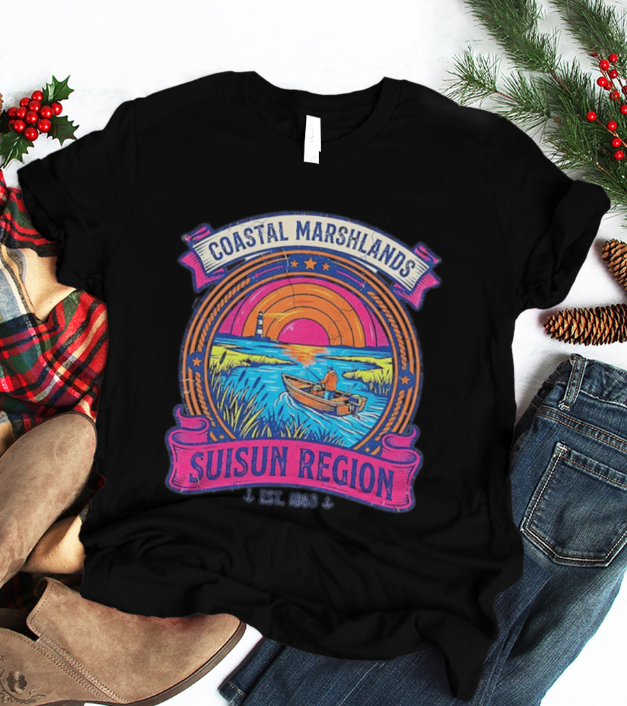 Coastal Marshlands Suisun Region Established 1868 Distressed Sunset Lighthouse Fisherman Boat Marsh T-Shirt