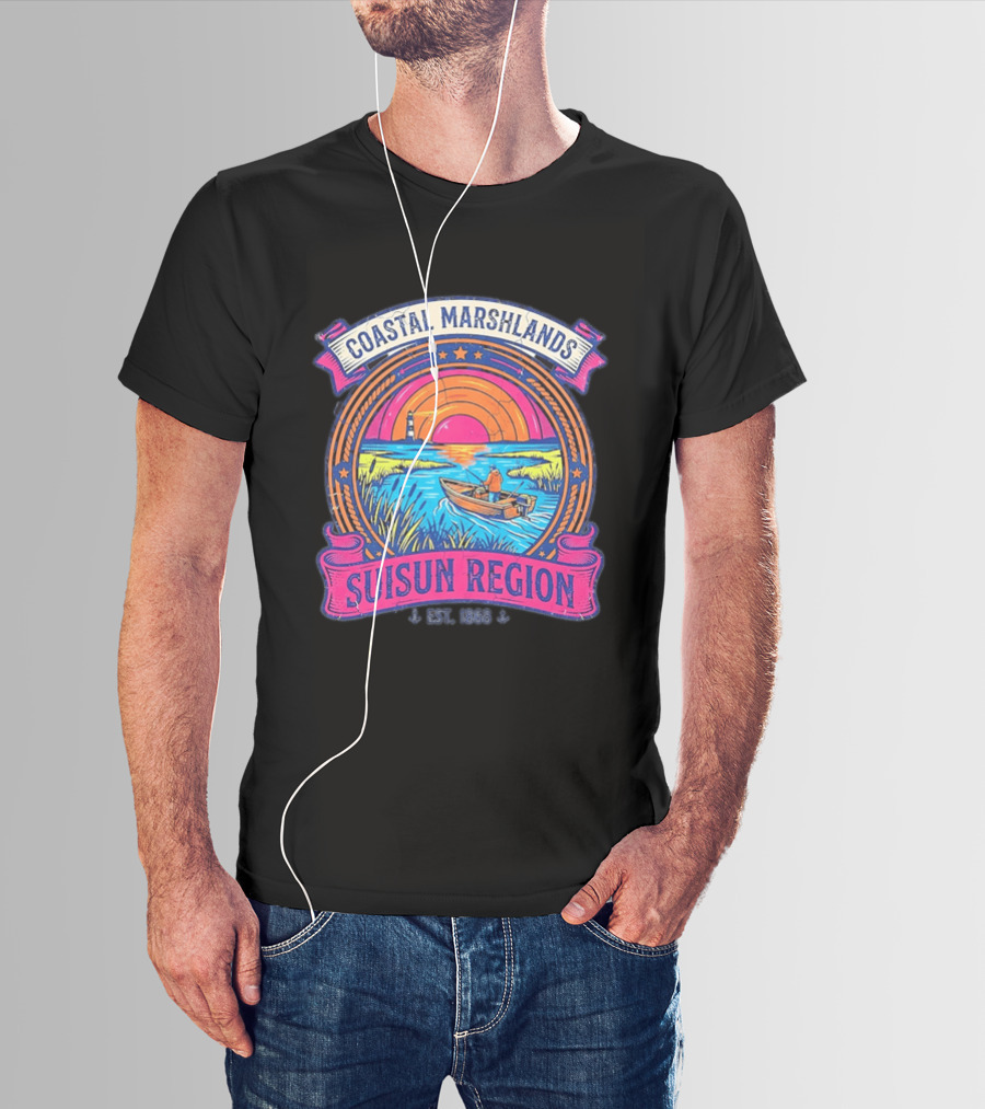 Coastal Marshlands Suisun Region Established 1868 Distressed Sunset Lighthouse Fisherman Boat Marsh T-Shirt
