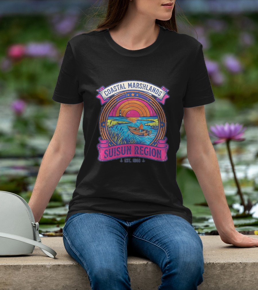 Coastal Marshlands Suisun Region Established 1868 Distressed Sunset Lighthouse Fisherman Boat Marsh T-Shirt