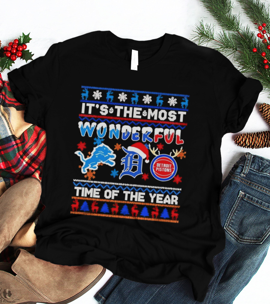 Detroit Lions And Pistons Christmas 2026 It's The Most Wonderful Time Of The Year T-Shirt