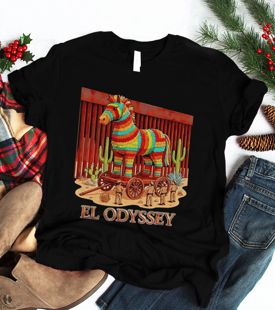 El Odyssey Piñata Horse Statue At Border With Cacti And Soldiers T-Shirt