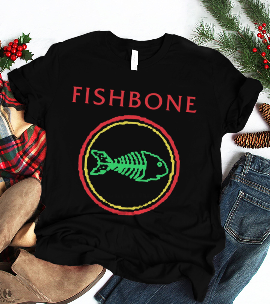 Fishbone Red Text Green Fish Skeleton Yellow Circular Frame T-Shirt