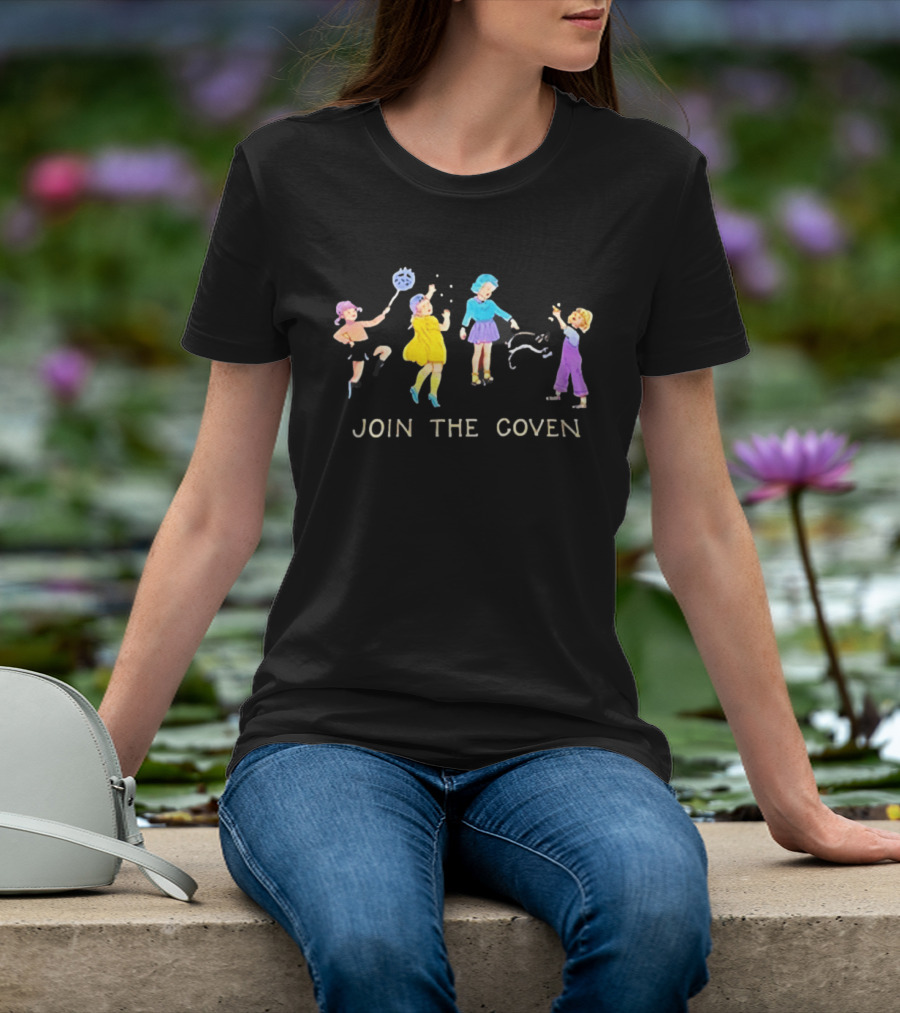 Join The Coven Funny Retro Witchy Kids Playing With Black Cat T-Shirt