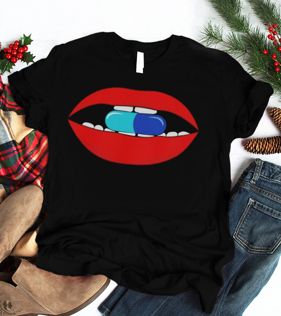 Red Lips Blue And Cyan Pill Bite T-Shirt