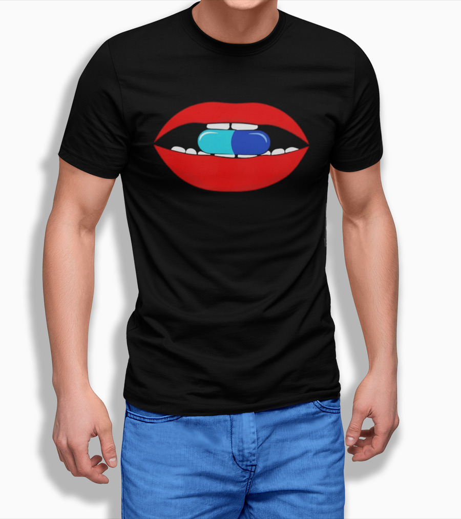 Red Lips Blue And Cyan Pill Bite T-Shirt