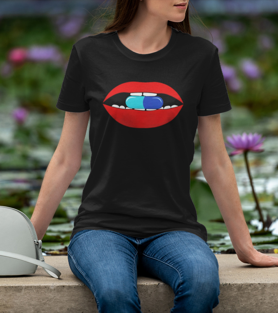Red Lips Blue And Cyan Pill Bite T-Shirt