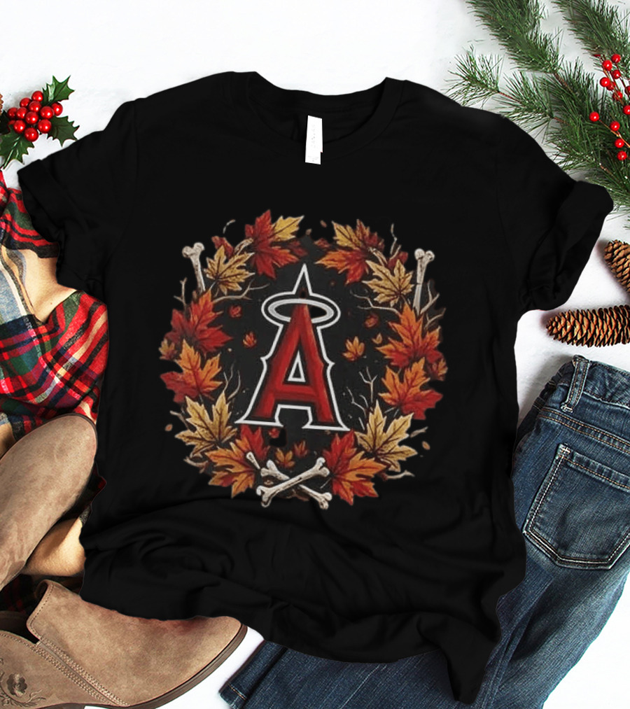 Los Angeles Angels Maple Leaves Skull Crossed Bats Baseballs Halloween T-Shirt