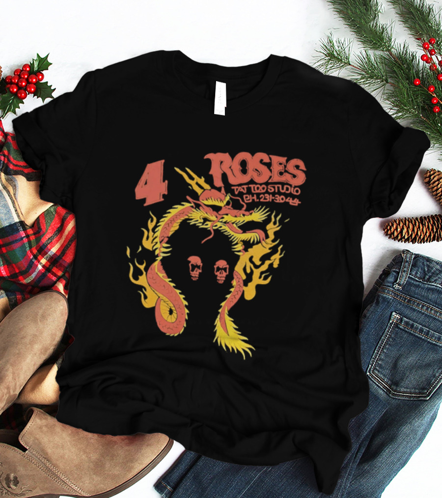 4 Roses Tattoo Studio Ph 231 3044 Dragon Yellow Flames Red Skulls T-Shirt