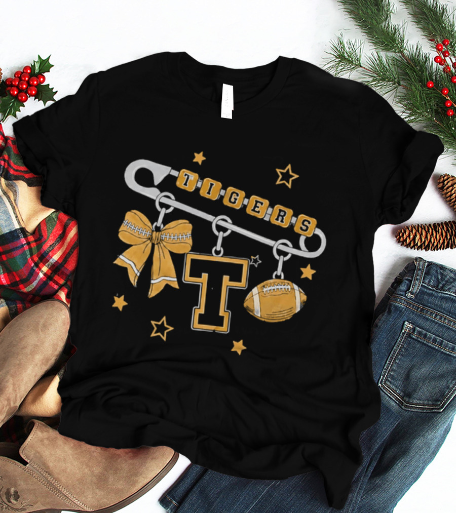 Tigers Cheer Bow Safety Pin Varsity Letter Football Charms Stars T-Shirt