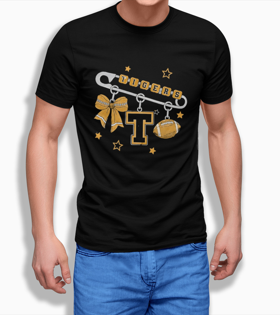 Tigers Cheer Bow Safety Pin Varsity Letter Football Charms Stars T-Shirt