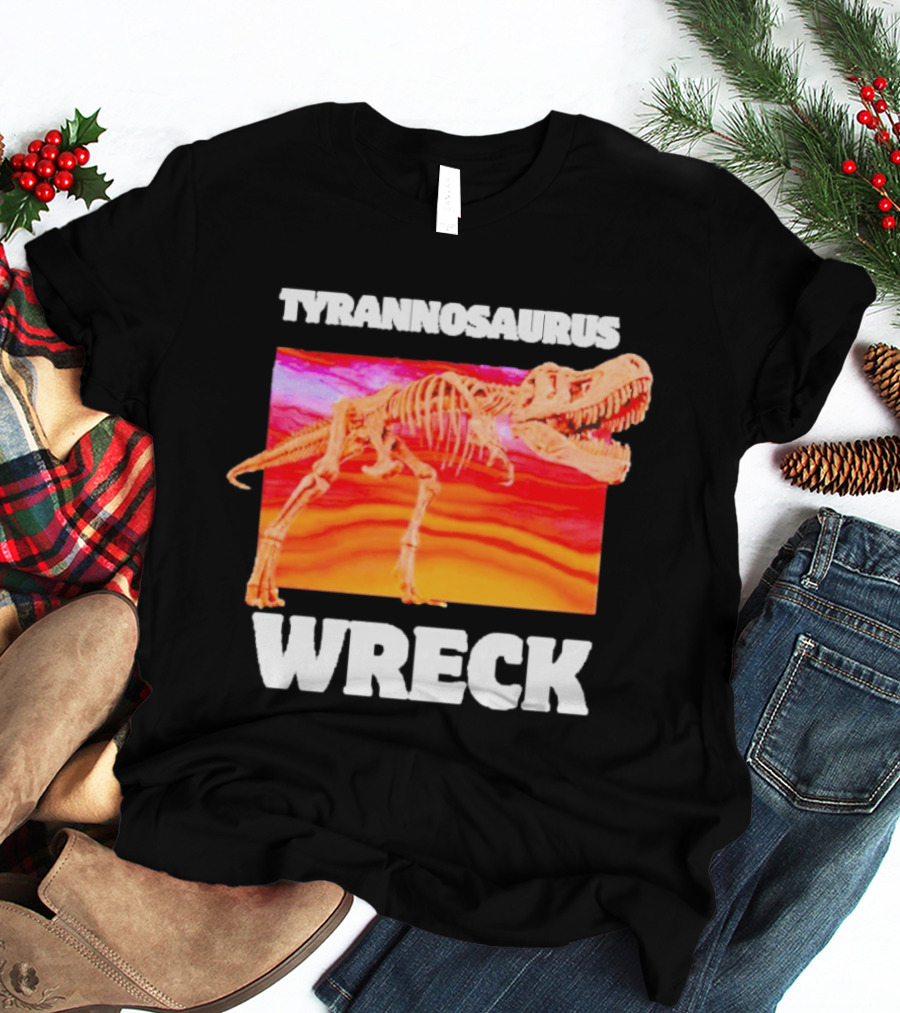 Tyrannosaurus Wreck Dinosaur Pun With Rex Skeleton On Sunset T-Shirt