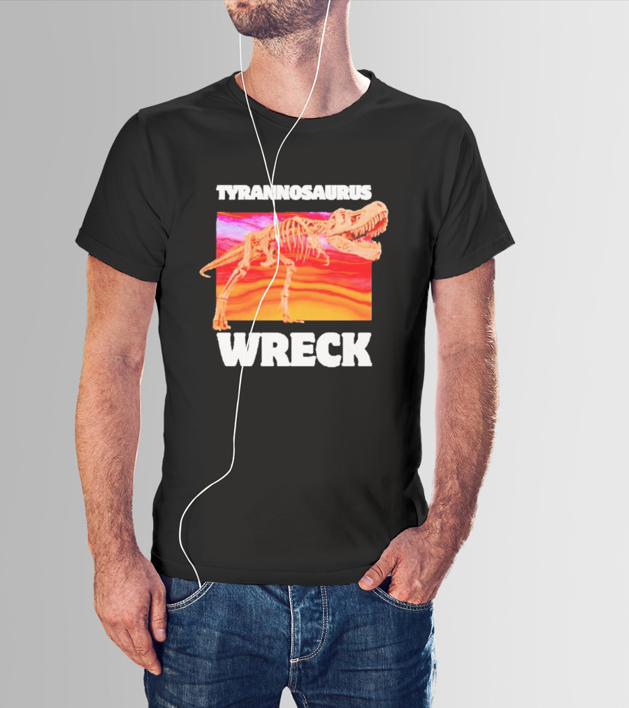 Tyrannosaurus Wreck Dinosaur Pun With Rex Skeleton On Sunset T-Shirt
