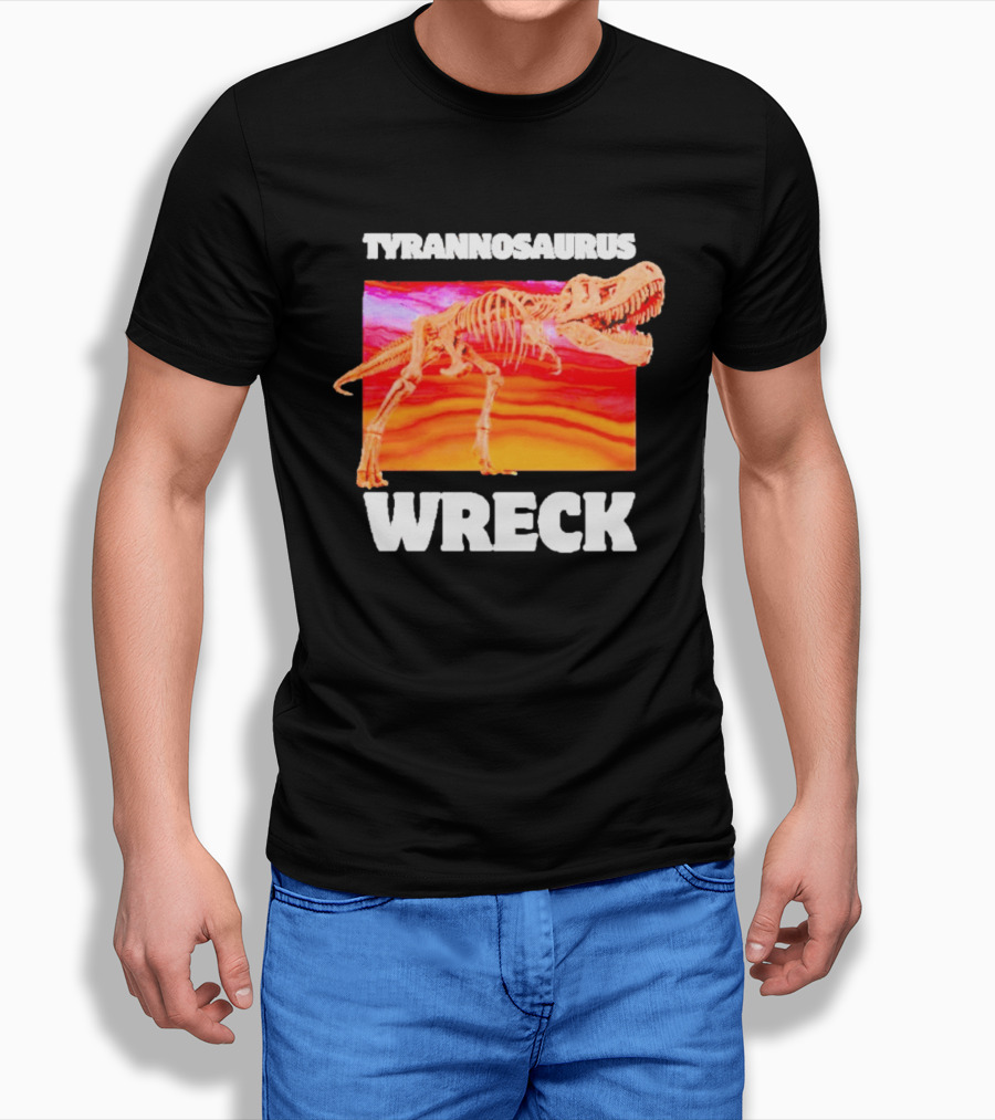Tyrannosaurus Wreck Dinosaur Pun With Rex Skeleton On Sunset T-Shirt