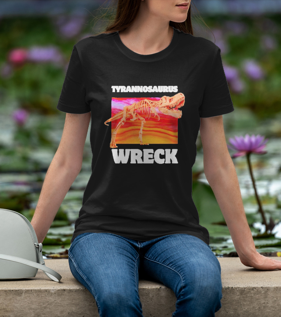 Tyrannosaurus Wreck Dinosaur Pun With Rex Skeleton On Sunset T-Shirt