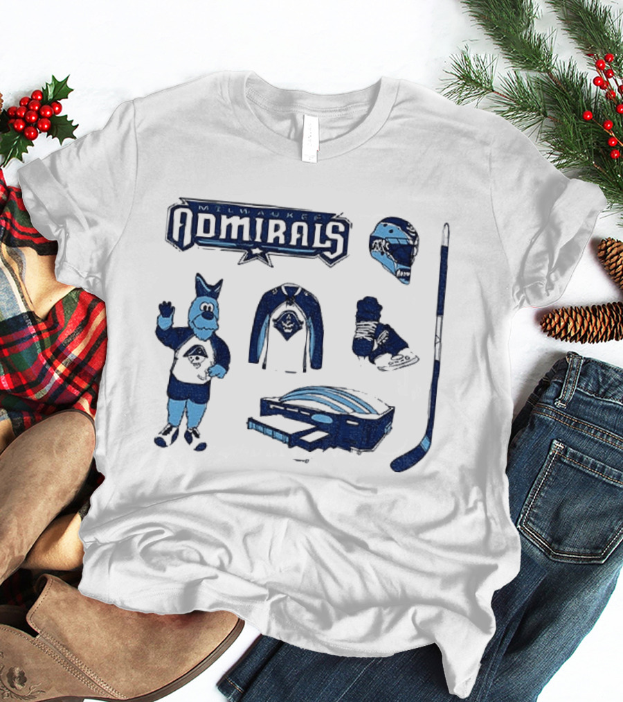 Milwaukee Admirals Hockey Mascot Jersey Helmet Skates Stick Goalie Equipment T-Shirt