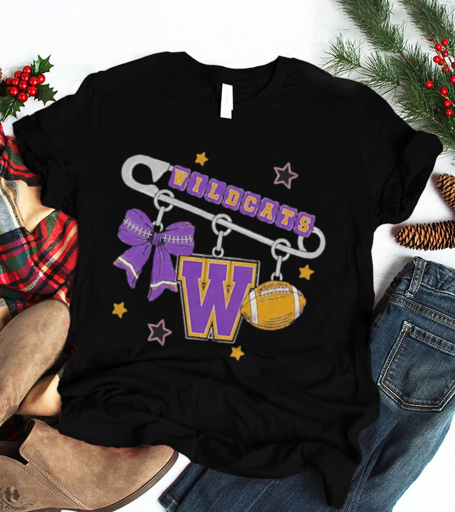 Wildcats Safety Pin Bow W Football Charm Distressed T-Shirt