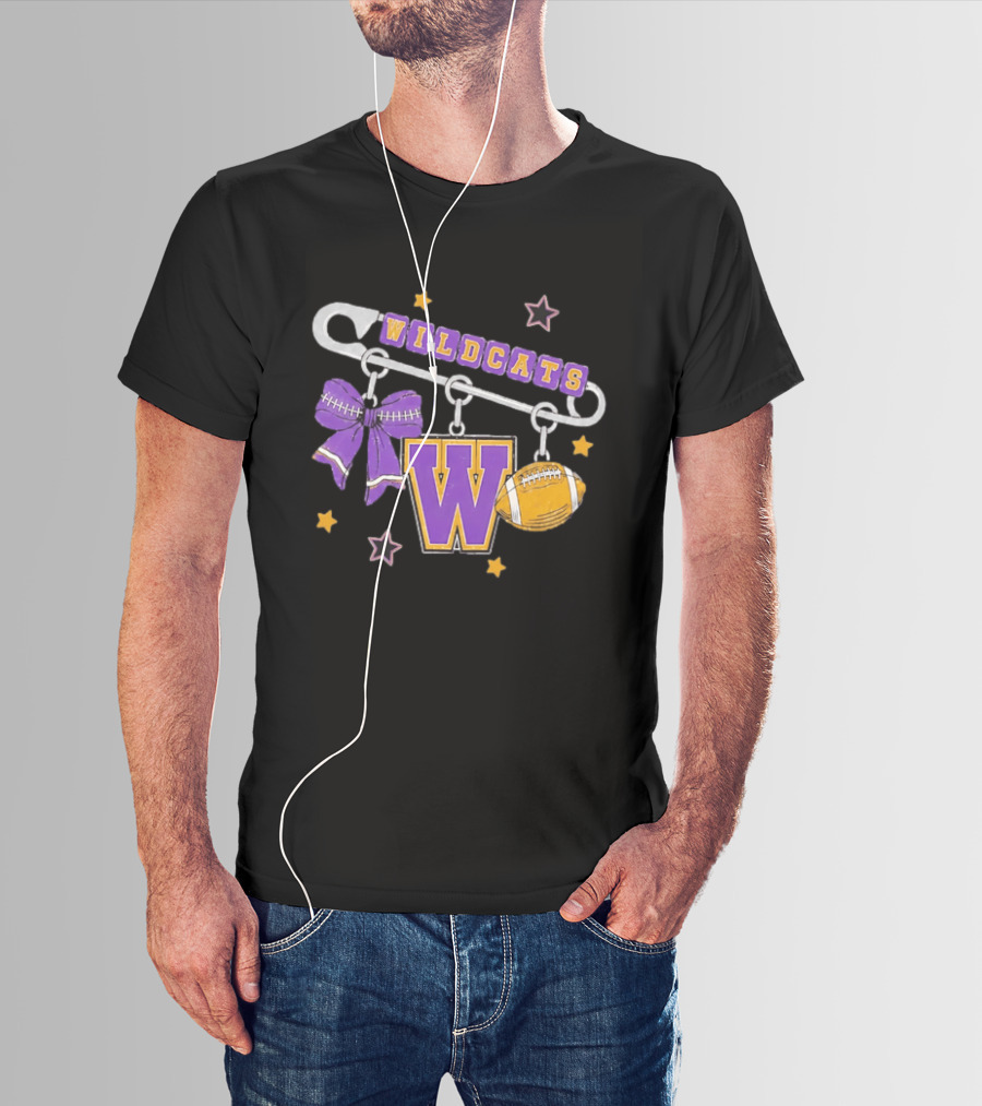 Wildcats Safety Pin Bow W Football Charm Distressed T-Shirt