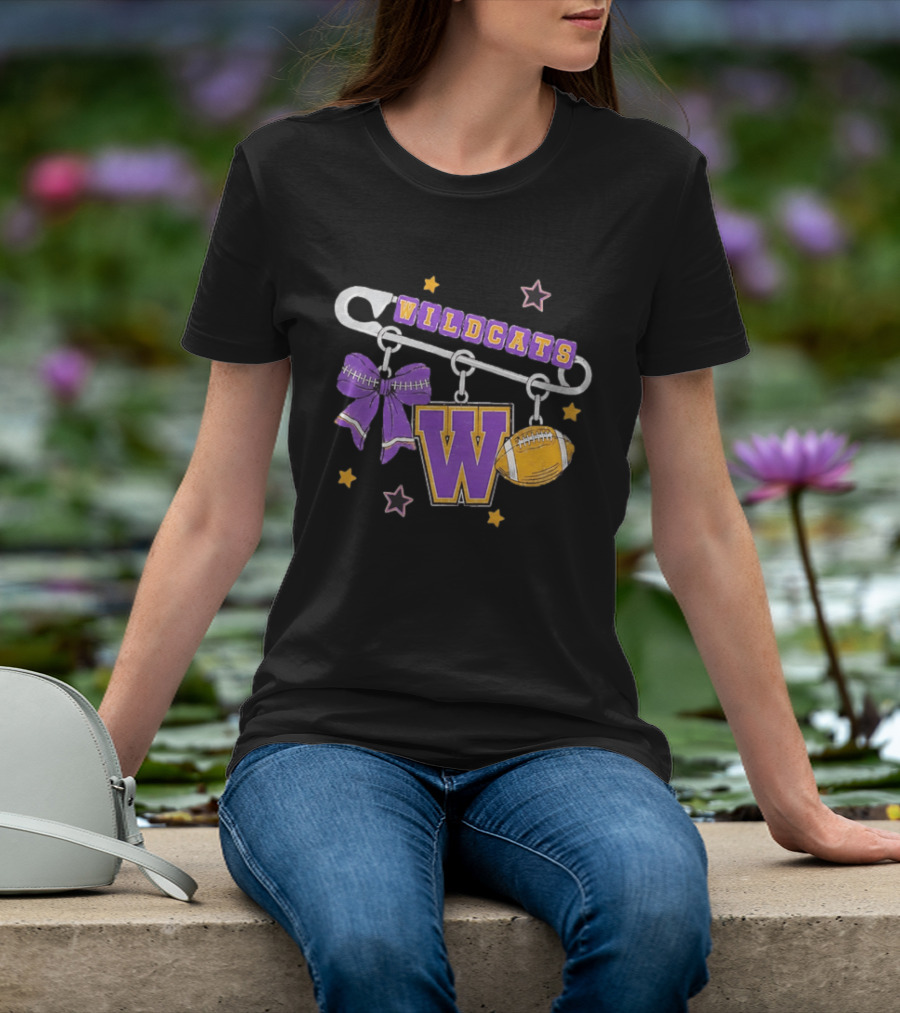 Wildcats Safety Pin Bow W Football Charm Distressed T-Shirt