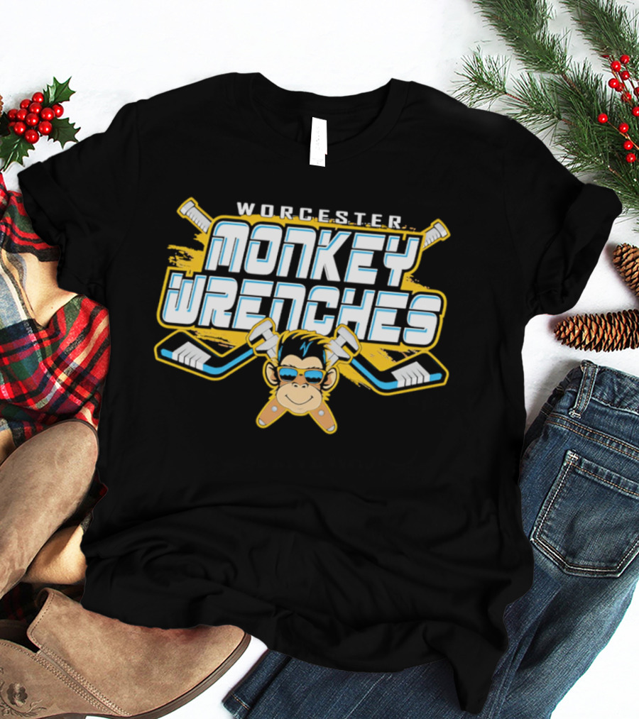 Worcester Monkey Wrenches Hockey Player Monkey With Crossed Wrenches And Hockey Sticks T-Shirt