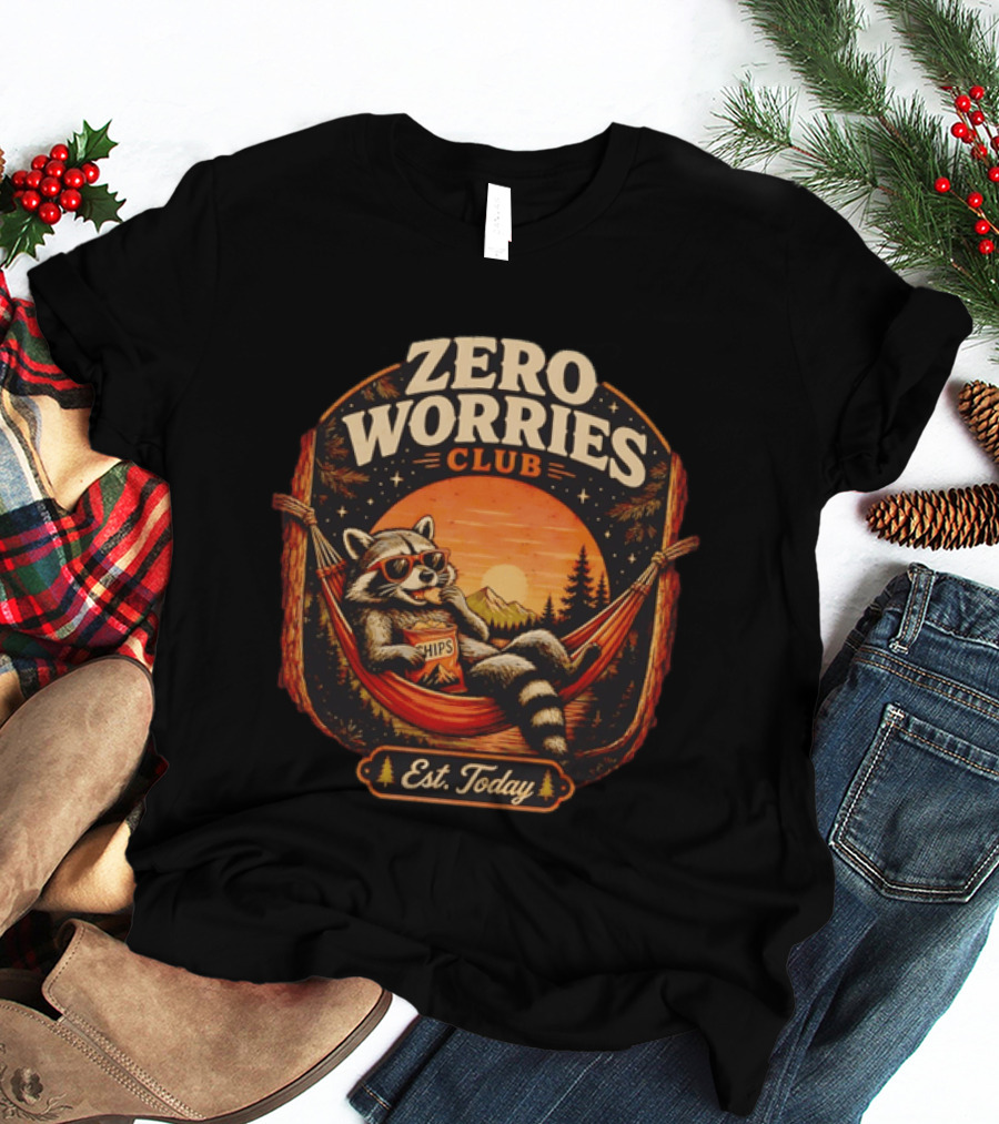 Zero Worries Club Raccoon Relaxing In Hammock Eating Chips At Sunset T-Shirt