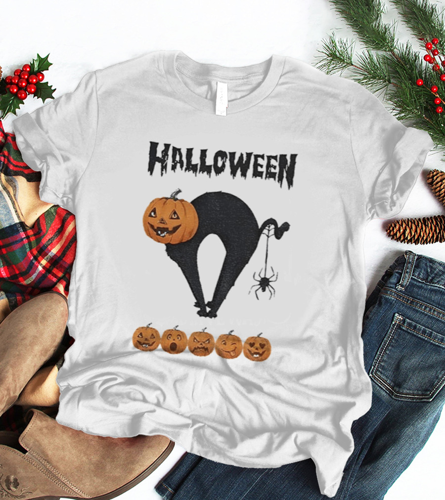 Halloween Pumpkin Cat Black Spider Five Jack O' Lanterns T-Shirt