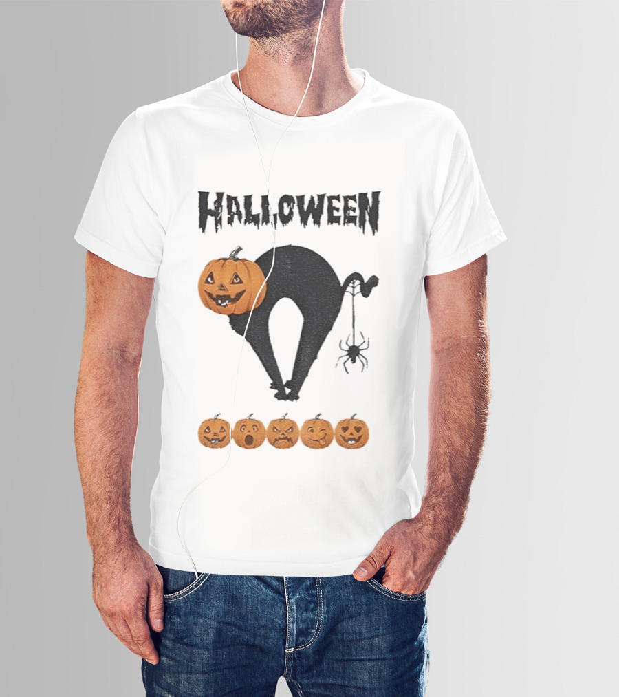 Halloween Pumpkin Cat Black Spider Five Jack O' Lanterns T-Shirt