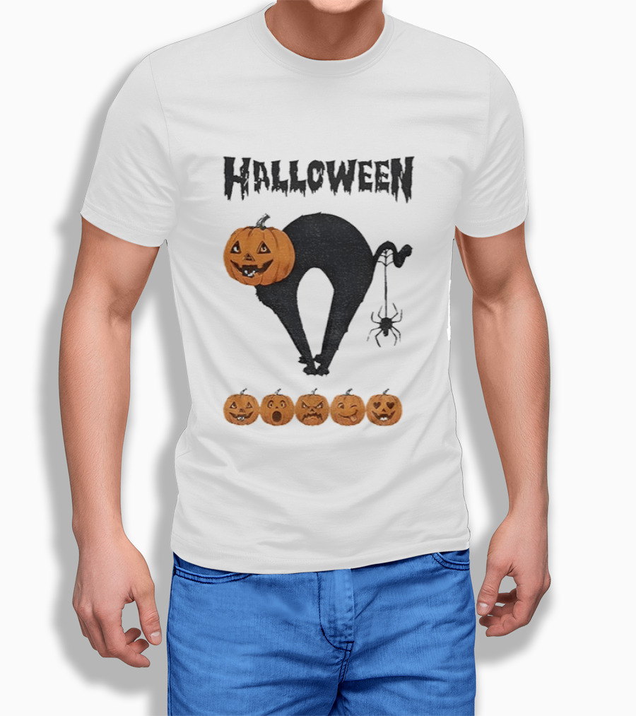 Halloween Pumpkin Cat Black Spider Five Jack O' Lanterns T-Shirt