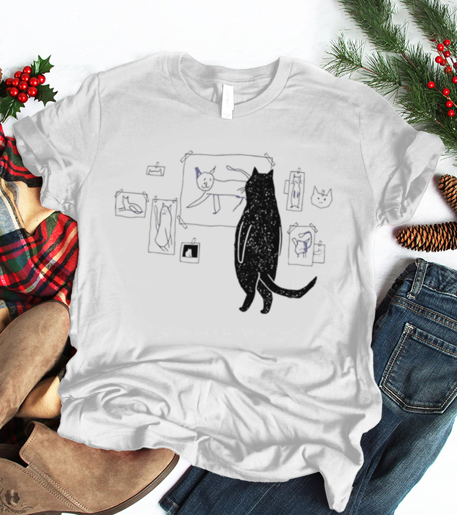 Black Cat Standing Looking At Sketches Line Drawing Wall Gallery T-Shirt