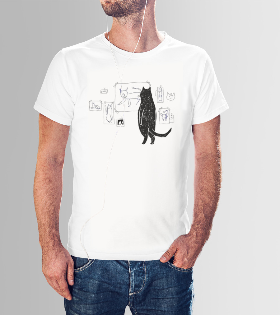 Black Cat Standing Looking At Sketches Line Drawing Wall Gallery T-Shirt