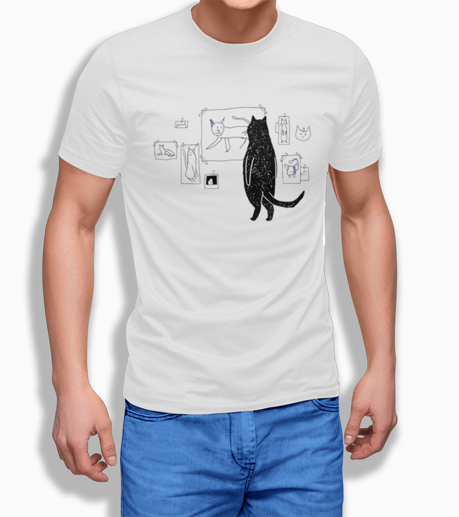 Black Cat Standing Looking At Sketches Line Drawing Wall Gallery T-Shirt