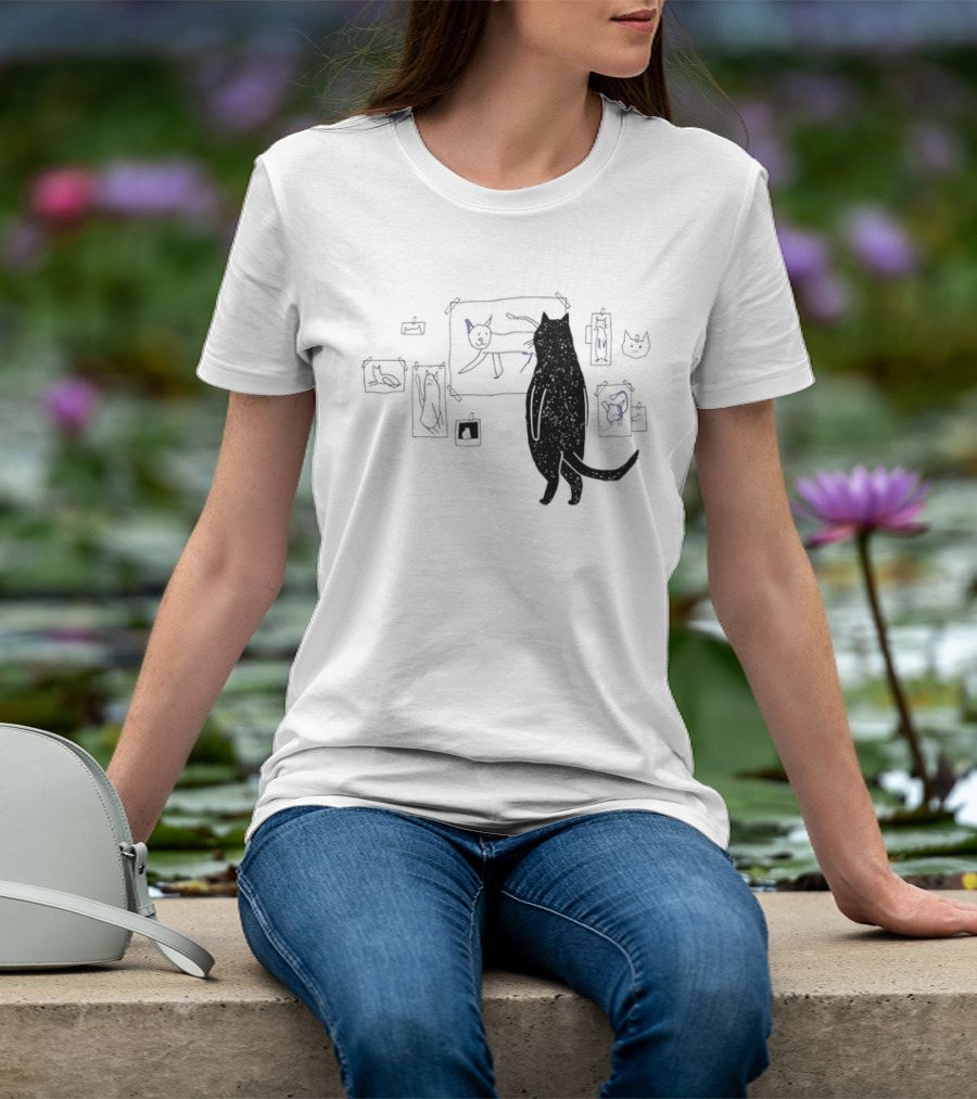 Black Cat Standing Looking At Sketches Line Drawing Wall Gallery T-Shirt