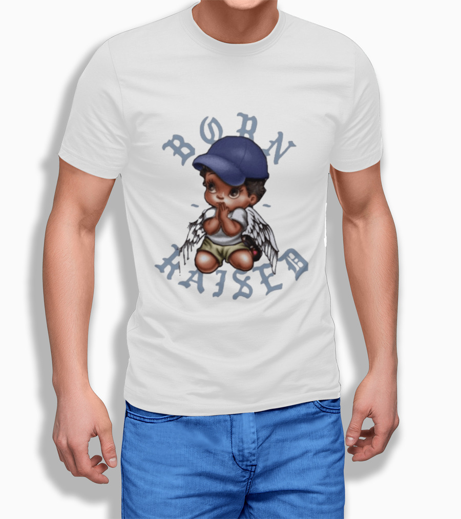 Born X Raised El Angel Cherub Praying With Wings And Cap T-Shirt