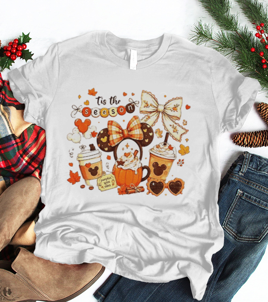 Tis The Season Disney Pumpkin Spice Autumn Coffee Ears And Bows T-Shirt