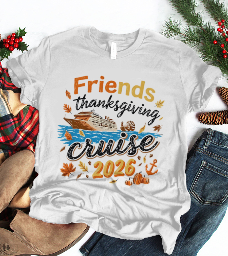 Friends Thanksgiving Cruise 2026 Ocean Liner Turkey Pumpkins Fall Leaves Anchor T-Shirt