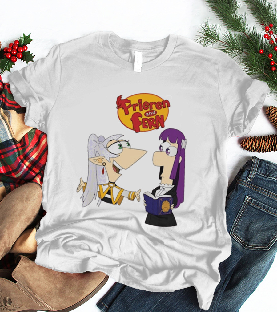 Frieren And Fern Animated Characters With Book And Unique Cartoon T-Shirt