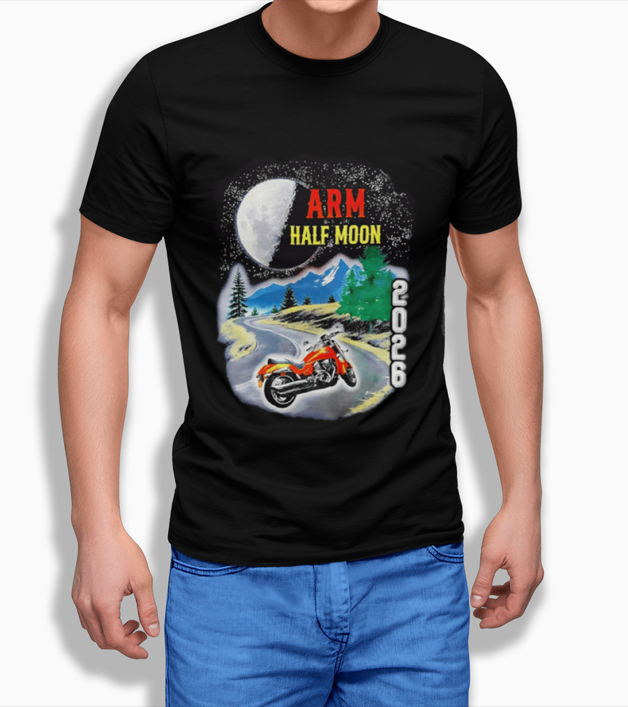 Arm Half Moon 2026 Orange Motorcycle Winding Mountain Road Night Sky T-Shirt