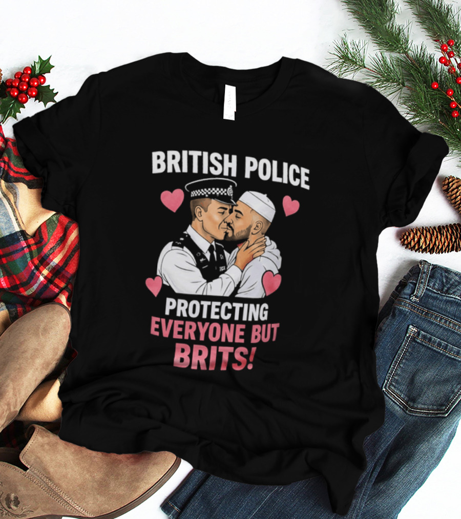 British Police Protecting Everyone But Brits Kissing Illustration With Hearts T-Shirt