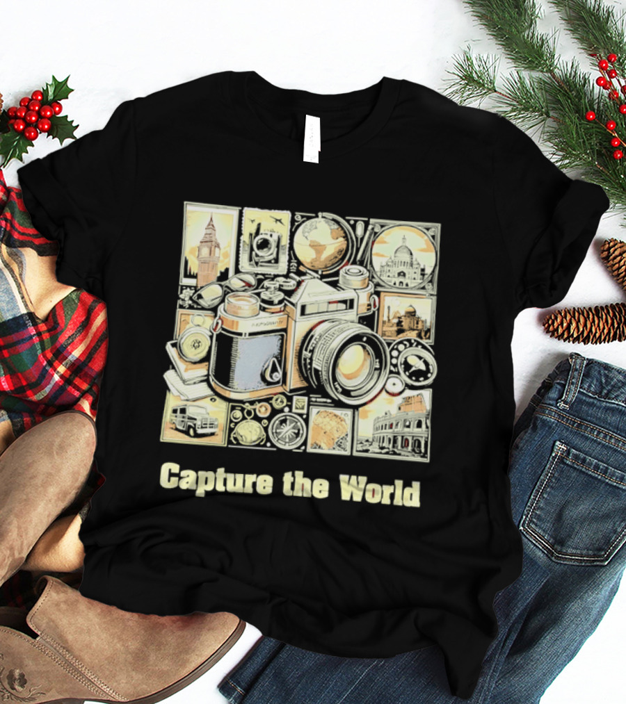 Capture The World Camera Globe Travel Landmarks Compass T-Shirt