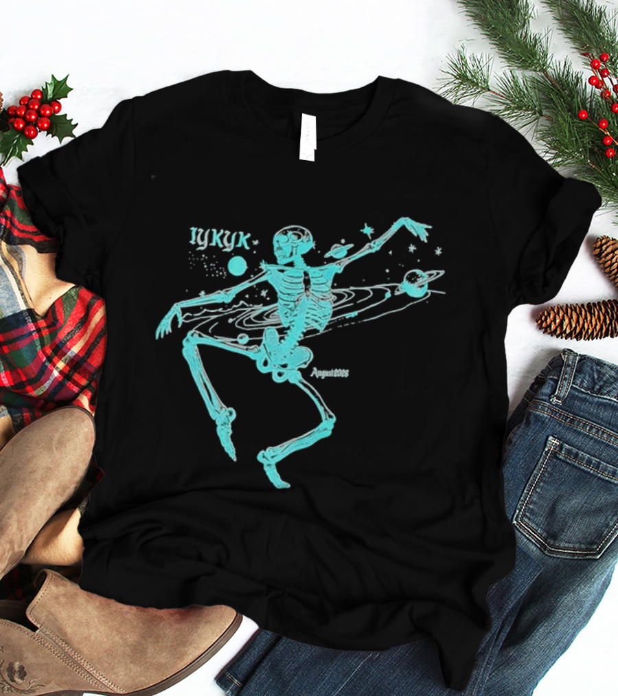 Iykyk August 2026 Cyan Dancing Skeleton With Space Orbit Sketch T-Shirt