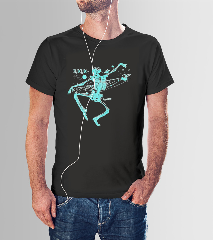 Iykyk August 2026 Cyan Dancing Skeleton With Space Orbit Sketch T-Shirt