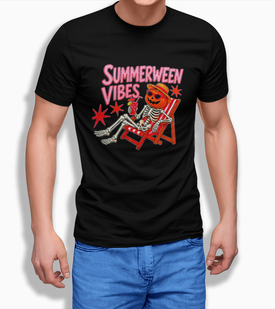 Summerween Vibes Skeleton Pumpkin Sunglasses Lounge Chair Drink T-Shirt