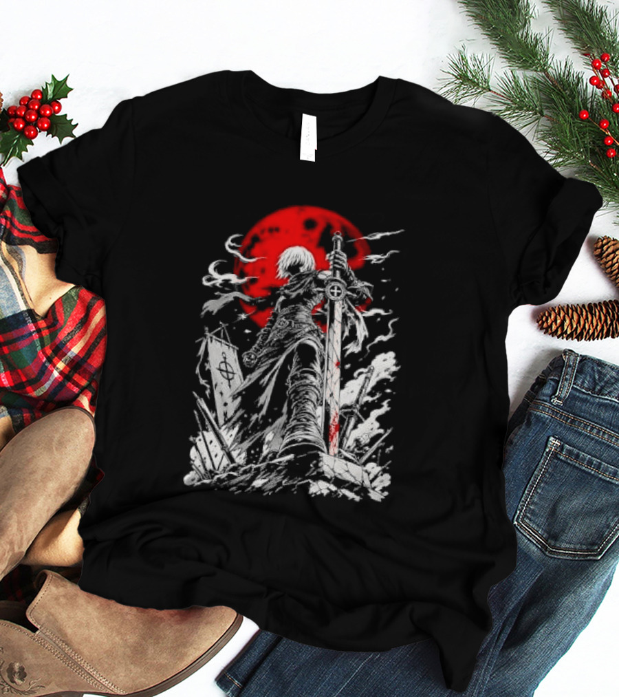 Dark Fantasy Warrior Bloody Sword Red Moon Battlefield Epic Scene T-Shirt