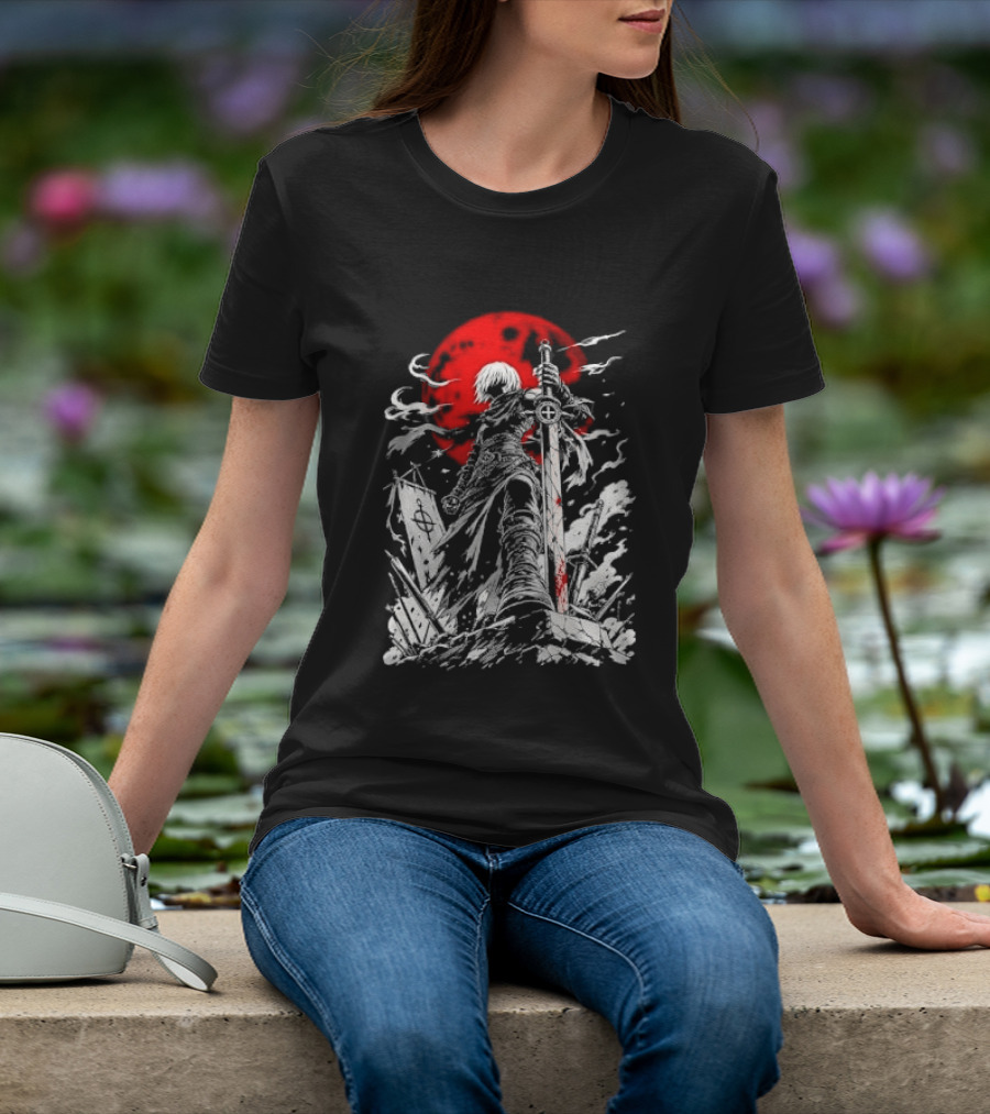 Dark Fantasy Warrior Bloody Sword Red Moon Battlefield Epic Scene T-Shirt
