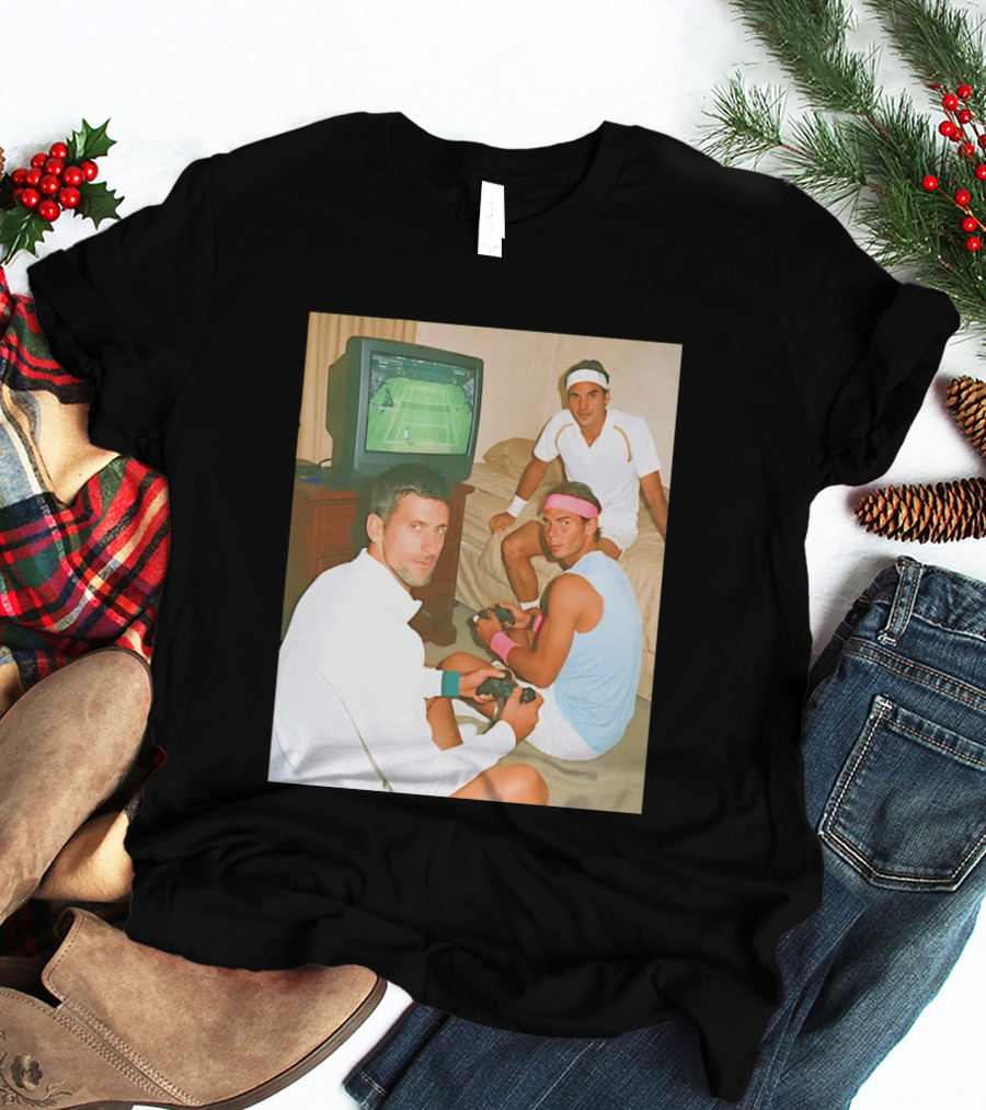 Novak Djokovic Rafael Nadal Roger Federer Playing Tennis Video Game T-Shirt