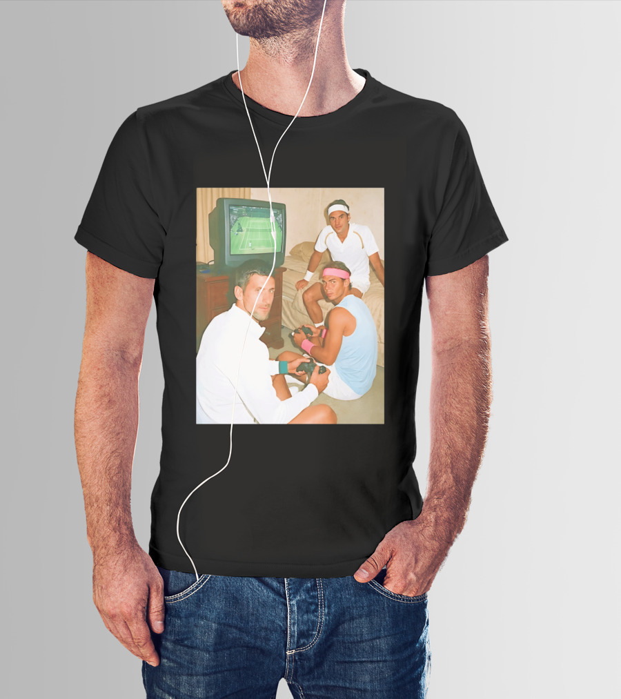 Novak Djokovic Rafael Nadal Roger Federer Playing Tennis Video Game T-Shirt